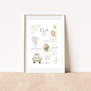 Póster de nacimiento de animales del bosque: impresión personalizada de estadísticas de bebé, arte mural de guardería de la selva, regalo digital personalizado para bebé