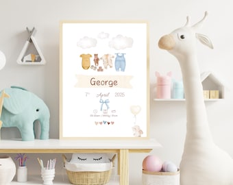 Personalized Baby Boy Birth Stats Poster – Custom Newborn Digital Print, Nursery Wall Art, Baby Announcement Gift for Boys