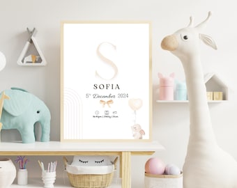 Personalized Baby Girl Birth Poster – Minimal Custom Newborn Print, Elegant Nursery Wall Art, Digital Keepsake