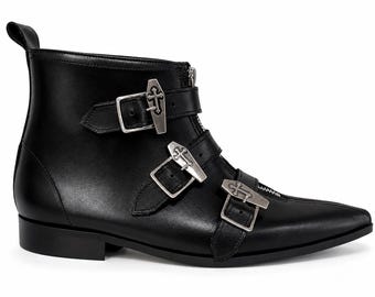 Demonia Warlock 55 Black Patent Winklepicker Strap Goth Mens  display picture 3