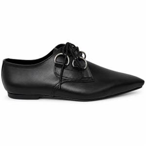 May include: Black leather oxford shoe with a pointed toe. The shoe features silver-toned metal ring details on the lace-up closure. The shoe has a low heel and a sleek, minimalist design.