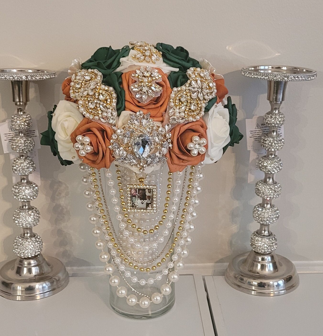 Burnt orange,  Ivory, Emerald Green wedding Bouquet