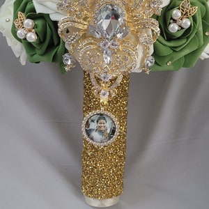 Luxury wedding bouquet, Ivory, green bouquet with gold brooches