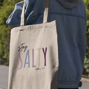 Stay Salty Christian Tote Bag Christian Gifts for Her Bible Bag Religious Gifts Bag Reusable Cotton Tote for Church Bible Verse Tote Bag