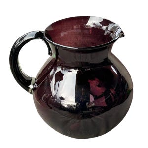 Large Vintage Hand Blown Art Glass Amethyst Pitcher Applied Handle Bubbles