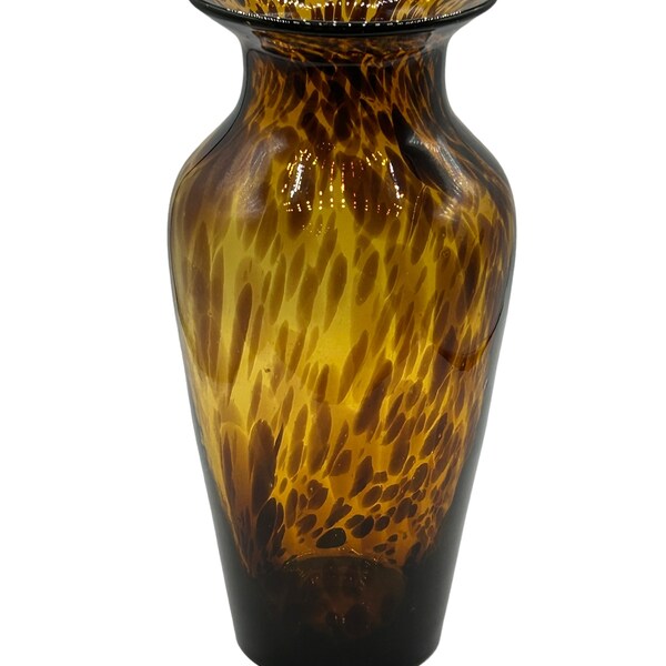 Vintage Murano Style Art Glass Vase Tortoise Shell Amber Hand Blown 12”