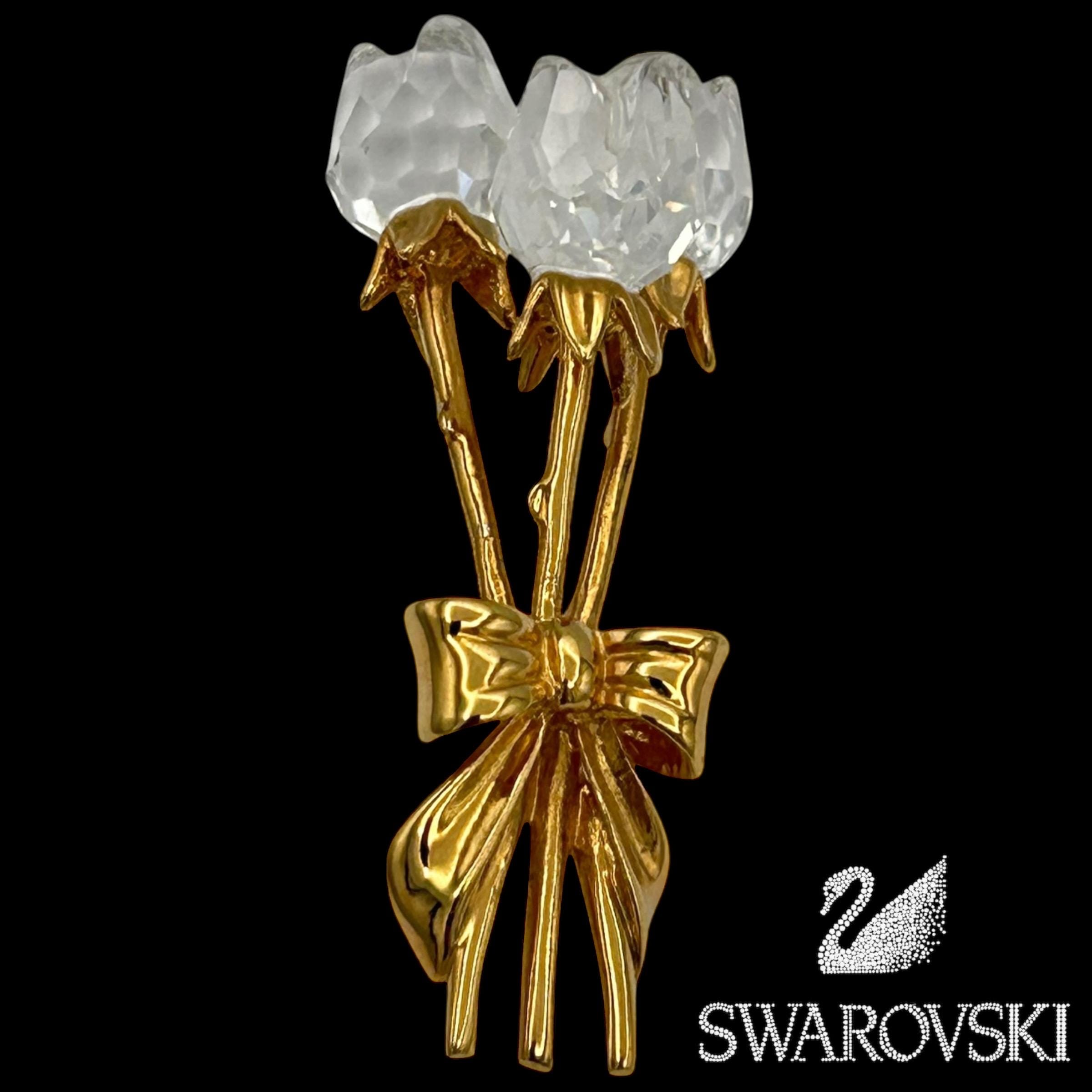 Swarovski Crystal Memories Bouquet 3 Rose Buds Gold Tone Miniature Figurine