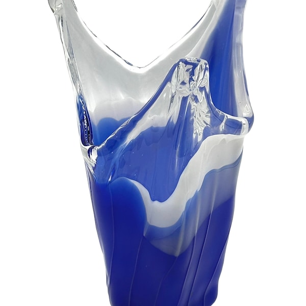 Art Glass Swung Vase Hand Blown Cobalt Blue White Clear Ribbed Vintage 10”