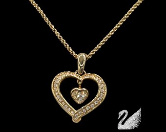 Swarovski Crystal Double Heart Pendant Necklace - Gold Tone Jeweled