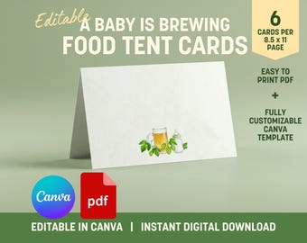 Ein Baby braut Essenszelt Karten | Bier-Thema-Babyparty | Bearbeitbare Canva Tischkarten | Druckbare Lebensmitteletiketten | Coed Baby-Dusche-Dekor