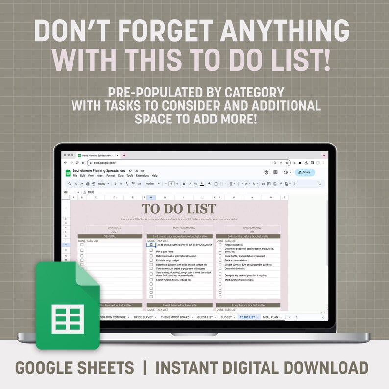 K&ouml;nnte beinhalten: Eine Google Sheets-Tabelle mit einem rosa-wei&szlig;en Farbschema. Die Tabelle tr&auml;gt den Titel "Bachelorette Planning Spreadsheet" und hat einen Abschnitt "To Do List" mit Aufgaben, die nach dem Zeitpunkt vor dem Ereignis geordnet sind. Die Tabelle ist mit Aufgaben gef&uuml;llt, die zu ber&uuml;cksichtigen sind, und es gibt zus&auml;tzlichen Platz, um weitere Aufgaben hinzuzuf&uuml;gen.