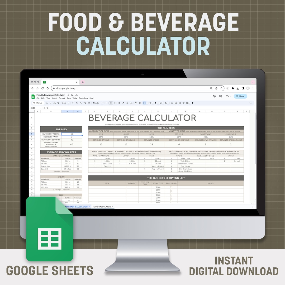 Food & Beverage Calculator Digital Download for Stressfree Party