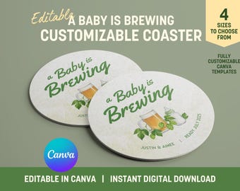 Ein Baby braut Bier Untersetzer | Babyparty-Bier-Thema | Bearbeitbares Canva Coaster Design | Coed Babyparty Dekor | Brauerei-Babyparty