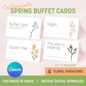 Plantilla de tarjeta de buffet editable, tarjeta de tienda de comida, plantilla de etiqueta de comida personalizable, ducha de boda, baby shower, día de la madre, cena de Pascua