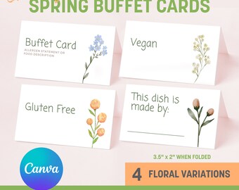 May include: Four printable buffet cards with floral designs. The cards are customizable in Canva and include the text "Buffet Card", "Vegan", "Gluten Free", and "This dish is made by:". The cards are 3.5 inches by 2 inches when folded.