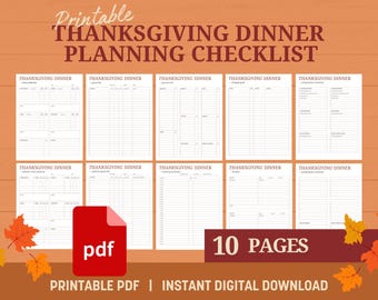 May include: Printable Thanksgiving Dinner Planning Checklist PDF with 10 pages. The checklist includes sections for menu planning, guest list, shopping list, and more.