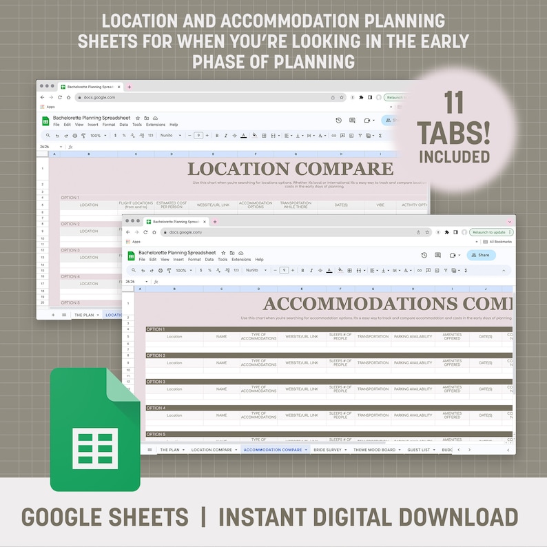 K&ouml;nnte beinhalten: Eine Google Sheets-Spreadsheet-Vorlage zur Planung eines Junggesellinnenabschieds. Die Tabellenkalkulation enth&auml;lt 11 Registerkarten, darunter "Der Plan", "Standortvergleich", "Unterkunftsvergleich", "Braut-Umfrage", "Stimmungsboard", "G&auml;steliste", "Budget" und mehr. Die Tabellenkalkulation soll bei der Planung des Ortes, der Unterkunft, des Transports, der Aktivit&auml;ten und anderer Details des Junggesellinnenabschieds helfen.