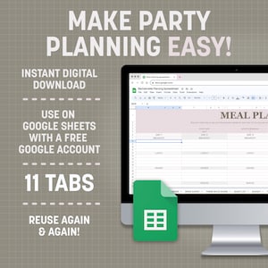 K&ouml;nnte beinhalten: Ein Computerbildschirm zeigt eine Google Sheets-Tabelle mit dem Titel "Bachelorette Planning Spreadsheet". Die Tabelle hat 11 Registerkarten, darunter "Speiseplan", "Braut-Umfrage", "Stimmungs-Moodboard", "G&auml;steliste" und "Budget". Der Text "Make Party Planning Easy!" wird auf einem grauen Hintergrund mit einem Rastermuster angezeigt.