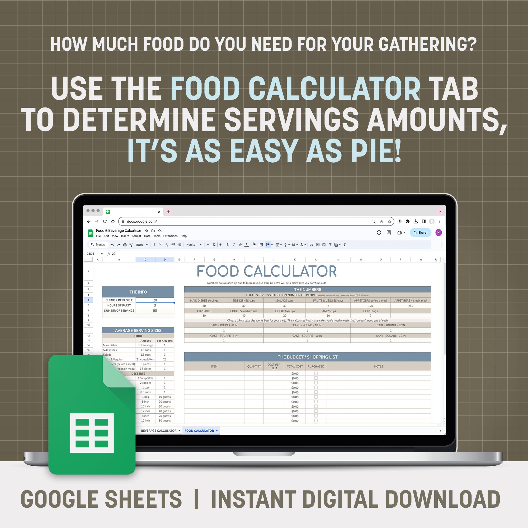 Food & Beverage Calculator Digital Download for Stressfree Party