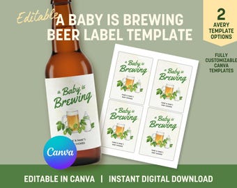 Ein Baby braut Bierflasche Etiketten | Etikett für Babyparty Bearbeitbare Canva Vorlage | Bier-Thema-Babyparty-Dekor | Avery Etiketten