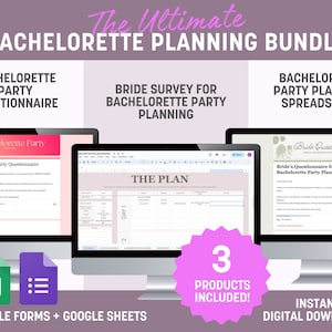 Op de afbeelding: Een digitaal downloadpakket voor het plannen van een vrijgezellenfeest. Het pakket bevat een vragenlijst voor de bruid, een feestplanningsspreadsheet en een enquête voor de aanstaande bruid. Het pakket is beschikbaar in Google Forms en Google Sheets.