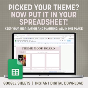 K&ouml;nnte beinhalten: Eine Google Sheets-Spreadsheet-Vorlage zur Planung eines Junggesellinnenabschieds. Die Tabelle enth&auml;lt Abschnitte f&uuml;r das Moodboard zum Thema, den Vergleich von Standorten, den Vergleich von Unterk&uuml;nften, die Umfrage der Braut, die G&auml;steliste und mehr. Der Text "Bachelorette Planning Spreadsheet" und "THEME MOOD BOARD" ist im Bild sichtbar.