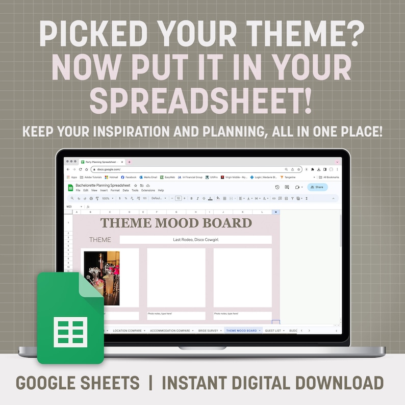 K&ouml;nnte beinhalten: Eine Google Sheets-Spreadsheet-Vorlage zur Planung eines Junggesellinnenabschieds. Die Tabelle enth&auml;lt Abschnitte f&uuml;r das Moodboard zum Thema, den Vergleich von Standorten, den Vergleich von Unterk&uuml;nften, die Umfrage der Braut, die G&auml;steliste und mehr. Der Text "Bachelorette Planning Spreadsheet" und "THEME MOOD BOARD" ist im Bild sichtbar.