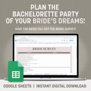 K&ouml;nnte beinhalten: Ein Laptop-Computer zeigt eine Google Sheets-Tabelle mit dem Titel "Bachelorette Planning Spreadsheet". Die Tabelle enth&auml;lt einen Abschnitt mit der Bezeichnung "Bride Survey" mit Fragen und Antworten zur Planung eines Junggesellenabschieds.