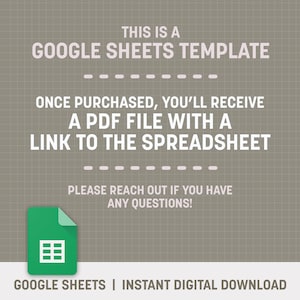 K&ouml;nnte beinhalten: Ein digitaler Download f&uuml;r eine Google Sheets-Vorlage. Das Bild zeigt ein gr&uuml;nes Google Sheets-Symbol mit dem Text "THIS IS A GOOGLE SHEETS TEMPLATE" und "ONCE PURCHASED, YOU'LL RECEIVE A PDF FILE WITH A LINK TO THE SPREADSHEET".