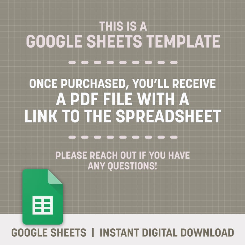 K&ouml;nnte beinhalten: Ein digitaler Download f&uuml;r eine Google Sheets-Vorlage. Das Bild zeigt ein gr&uuml;nes Google Sheets-Symbol mit dem Text "THIS IS A GOOGLE SHEETS TEMPLATE" und "ONCE PURCHASED, YOU'LL RECEIVE A PDF FILE WITH A LINK TO THE SPREADSHEET".