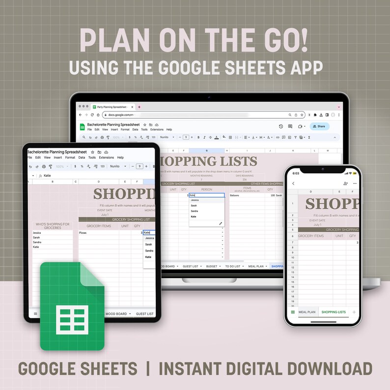 K&ouml;nnte beinhalten: Ein Screenshot einer Google Sheets-Tabelle auf einem Laptop und zwei Smartphones. Die Tabelle tr&auml;gt den Titel "Bachelorette Planning Spreadsheet" und enth&auml;lt Abschnitte f&uuml;r Einkaufslisten, Speisepl&auml;ne und G&auml;steliste. Der Text "PLAN ON THE GO! USING THE GOOGLE SHEETS APP" wird &uuml;ber der Tabelle angezeigt.