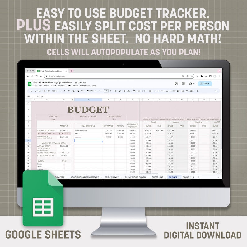 K&ouml;nnte beinhalten: Eine Google Sheets-Spreadsheet-Vorlage f&uuml;r die Budgetierung eines Junggesellinnenabschieds. Die Tabelle enth&auml;lt Abschnitte f&uuml;r das gesch&auml;tzte Budget, die tats&auml;chlich ausgegebenen Kosten, die Differenz, Transaktionen, geschuldete Betr&auml;ge, bezahlte Betr&auml;ge und die G&auml;steliste. Die Tabelle ist mit "BUDGET" betitelt und wird auf einem Computerbildschirm angezeigt.