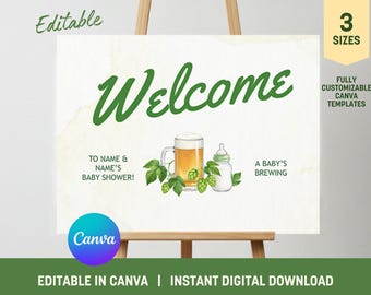 Baby Brauen Bier Willkommens-Schild | Baby Shower Willkommen Beschilderung | Bearbeitbare Canva Vorlage | Bier-Thema-Babyparty-Dekor | Druckbare Schilder