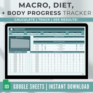 Puede incluir: Una pantalla de computadora portátil que muestra una hoja de cálculo de Google titulada "Progress Tracker" con un esquema de color azul y gris. La hoja está diseñada para realizar un seguimiento de las macros, la dieta y el progreso del cuerpo. El texto "CALCULATE | TRACK | SEE RESULTS!" se muestra en la parte superior de la hoja. El texto "GOOGLE SHEETS | INSTANT DOWNLOAD" se muestra en la parte inferior de la hoja.