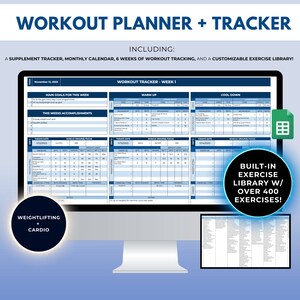 May include: A digital workout planner and tracker on a computer screen. The planner includes a supplement tracker, monthly calendar, six weeks of workout tracking, and a customizable exercise library with over 400 exercises. The screen shows a sample workout tracker with sections for warm-up, workout, and cool-down. The image also shows a separate window with a list of exercises.