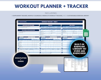 May include: A digital workout planner and tracker on a computer screen. The planner includes a supplement tracker, monthly calendar, six weeks of workout tracking, and a customizable exercise library with over 400 exercises. The screen shows a sample workout tracker with sections for warm-up, workout, and cool-down. The image also shows a separate window with a list of exercises.