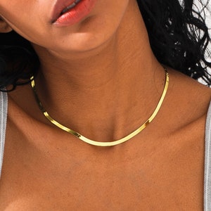 14K Herringbone Chain Necklace Gold, 3mm Silver Herringbone Chains, Herringbone Choker, Snake Chain Necklace, Flat Chain, Layering Necklace