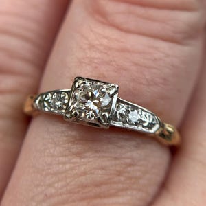 Vintage 14K Gold Diamond Engagement Ring | 0.20ct Round Diamond Solitaire | Two-Tone Illusion Setting | Antique Style | Traub Orange Blossom