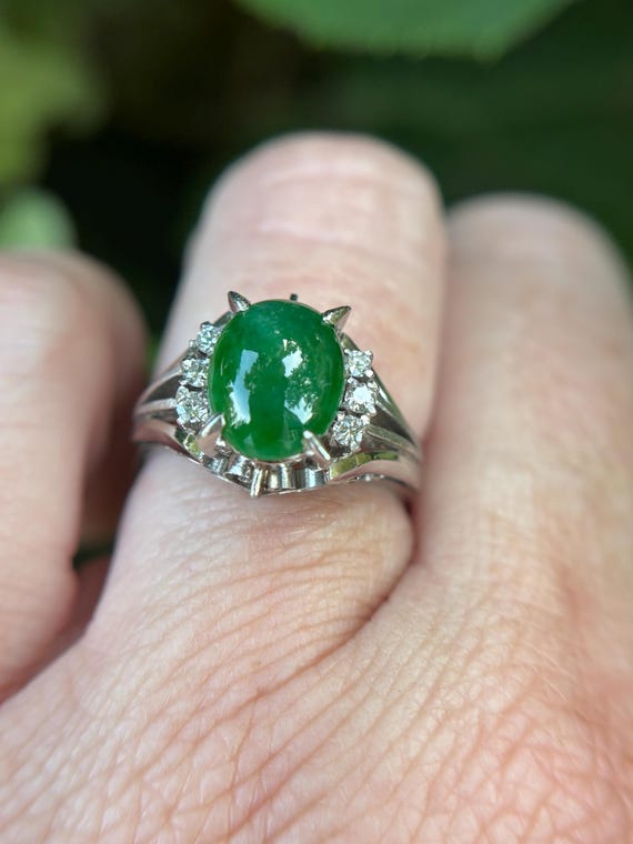 Vintage Jadeite Jade Diamond Platinum Ring | Art Deco Green Stone Anniversary Promise Jewelry