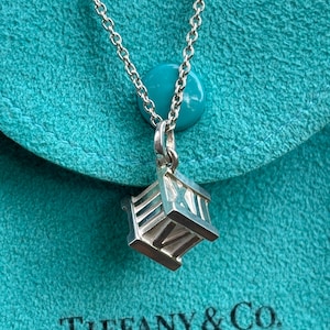 Vintage Tiffany Atlas Cube Necklace Silver Roman Numerals Designer
