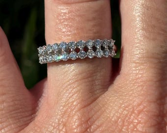 Vintage Double Row Diamond Band 3/4 TCW Silver Wedding Ring Promise Jewelry