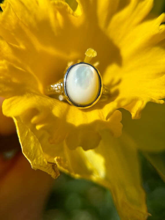 Vintage Cabochon Mother of Pearl and Diamond Ring. - image 4