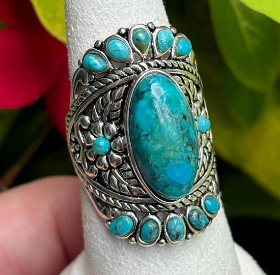 Vintage Native Statement Turquoise & Sterling Ring - image 1