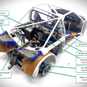 Op de afbeelding: Een gedetailleerd model van een auto-motor met verschillende gelabelde componenten, waaronder de intercooler, de oliekoelerassemblage, de reservoirtank, de inlaatspruitstuk, de locatie van de verdeler en de remschijven en -klauwen.