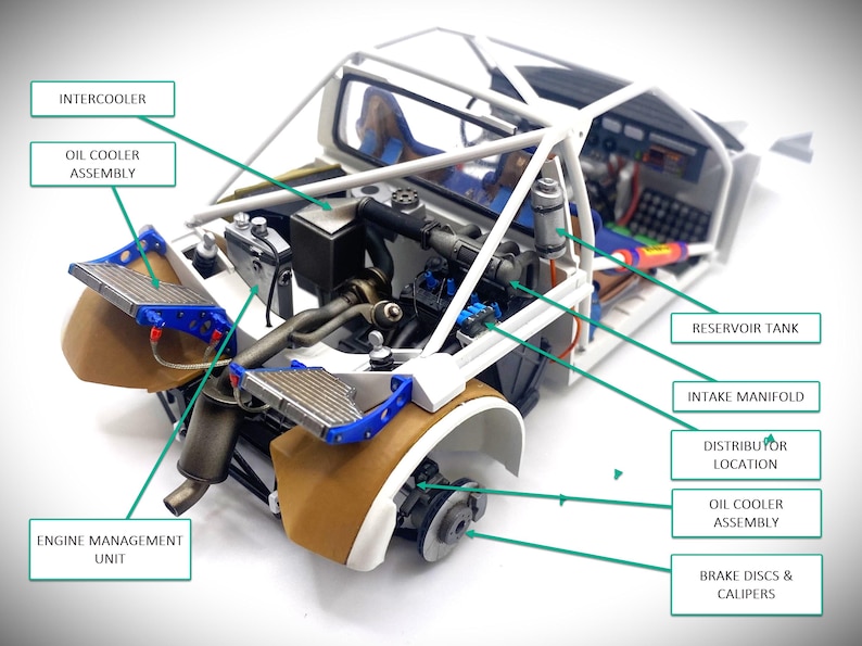 Op de afbeelding: Een gedetailleerd model van een auto-motor met verschillende gelabelde componenten, waaronder de intercooler, de oliekoelerassemblage, de reservoirtank, de inlaatspruitstuk, de locatie van de verdeler en de remschijven en -klauwen.
