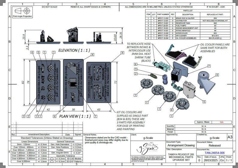 Op de afbeelding: Technische tekening van een Tamiya Peugeot 205 mechanische onderdelen upgrade set. De tekening bevat een onderdelenlijst, afmetingen en een explosietekening van de onderdelen. De tekening is gelabeld met "TAN-24054-006" en "Uitgebracht".