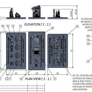 Op de afbeelding: Een technische tekening van een 1/24 schaalmodelkit voor een Peugeot 205 auto. De tekening toont de onderdelen voor de oliekoelers, die als afzonderlijke onderdelen worden geleverd. De tekening bevat afmetingen in centimeters en de tekst "TAM-24054-006-A [g-Scale] 1/24 Peugeot 205 Mechanical Upgrades- (Raft 1 of 3)-For Tamiya 24054".