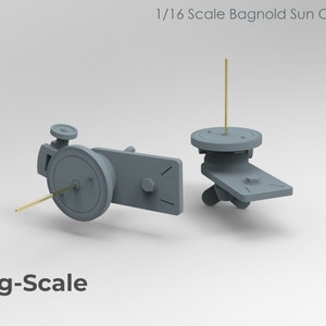 May include: A 1/16 scale Bagnold Sun Compass model kit. The kit is made of gray plastic and includes a compass, a dial, and a needle. The compass is designed to be used for navigation in the desert.