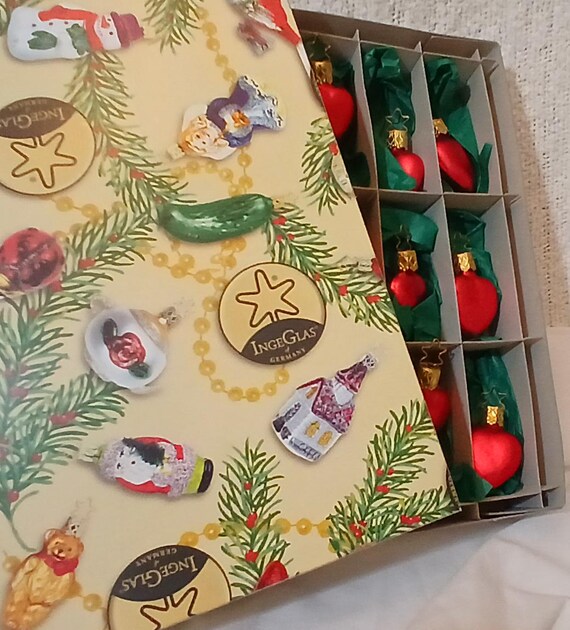 Vintage Inge Glas Red Heart Ornaments - Set of 12, Made in Germany
