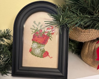 Christmas Cross Stitch Picture, Christmas Stocking Cross Stitch, Finished and Framed*, Co Worker Gift, Teacher Gift